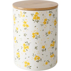 Vorratsdose Mayla von Boltze, 16 cm, weiß mit gelbem Blumenmuster und Bambusdeckel.