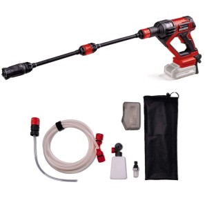 Einhell Power X-Change Akku-Druckreinigerpistole Hypresso, rot-schwarz, mit Lanze und Zubehör für Reinigung.