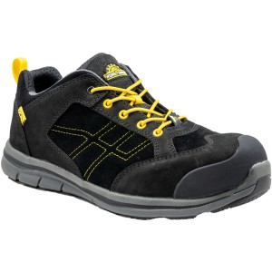 Schwarzer Workpower Sicherheitshalbschuh S3 Jagon 8682 Gr. 43 mit gelben Schnürsenkeln.