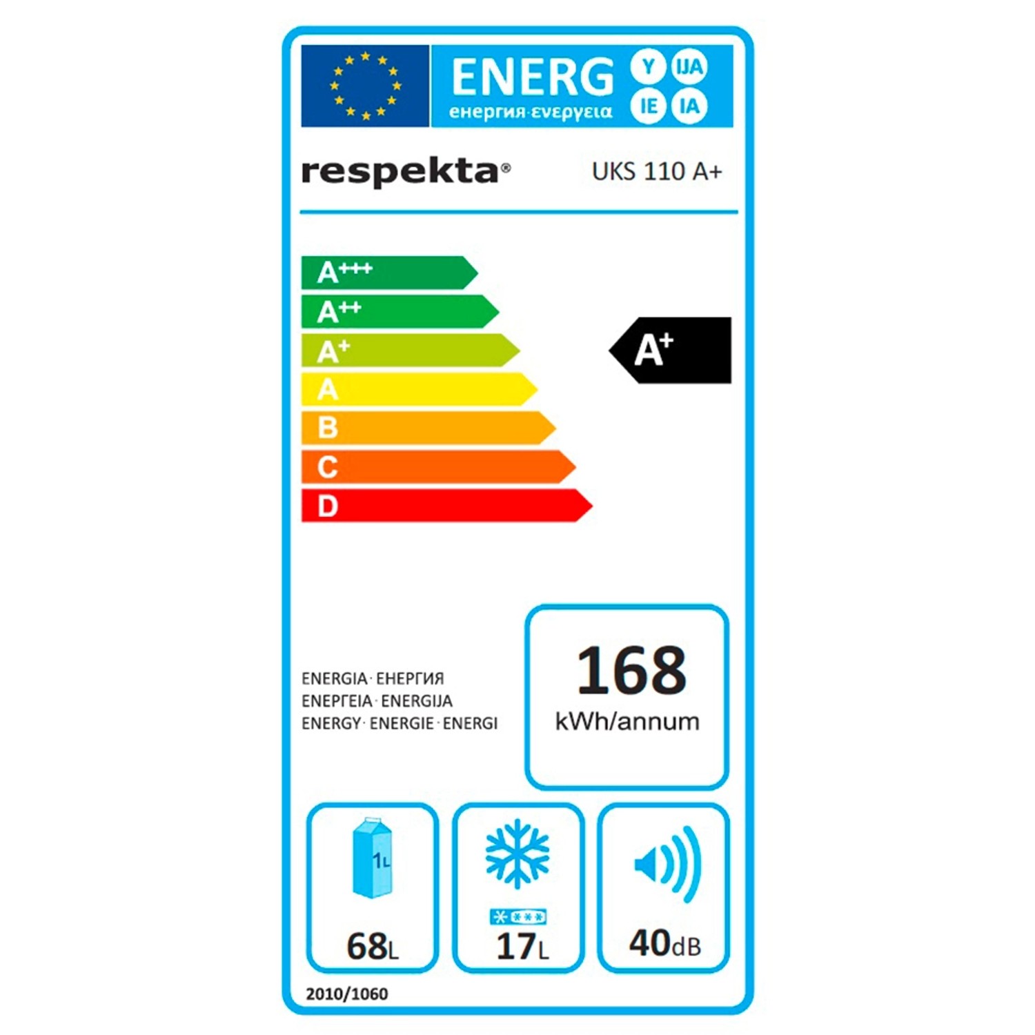Energielabel Respekta UKS110A+ Unterbaukühlschrank, A+, 168 kWh/Jahr, 68L Kühl-, 17L Gefrierfach, 40dB.
