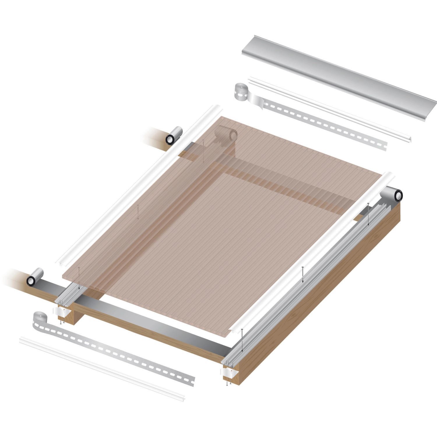 Hohlkammerplatte Acryl Bronce 16mm, Detailansicht der Montage auf einer Holzkonstruktion.