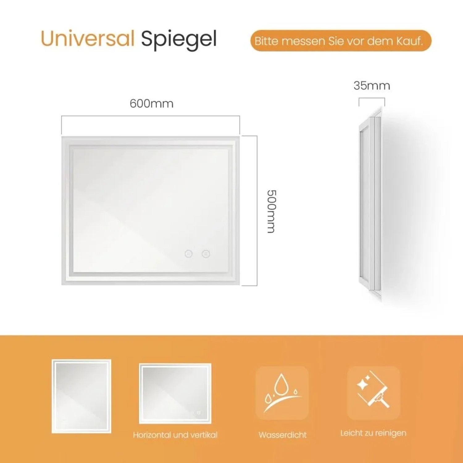 Rechteckiger Emke LED-Badspiegel 60x50 cm mit Beleuchtung, Touchschalter, Anti-Beschlag. Vertikal/horizontal montierbar.