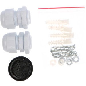 Zubehörset für LED-Feuchtraumleuchte: Kabelverschraubungen, Dübel, Schrauben und Unterlegscheiben.