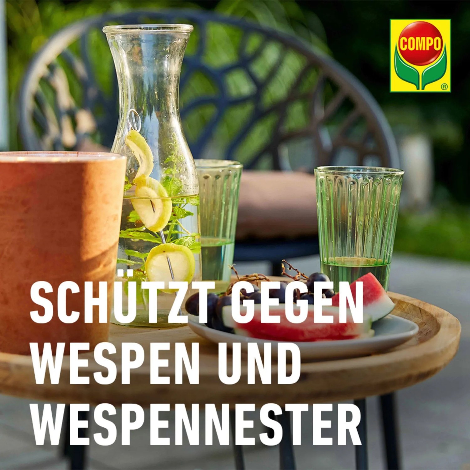 Szene mit Getränken und Früchten auf Tisch, Text "Schützt gegen Wespen und Wespennester".