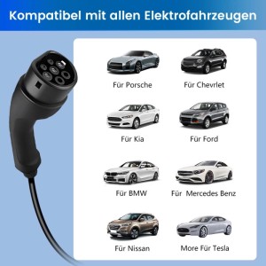 Schwarzes Typ 2 EV Ladekabel mit Stecker, daneben Elektroautos (Porsche, BMW, Tesla). Zeigt breite Kompatibilität für EV Ladegerät Zubehör.