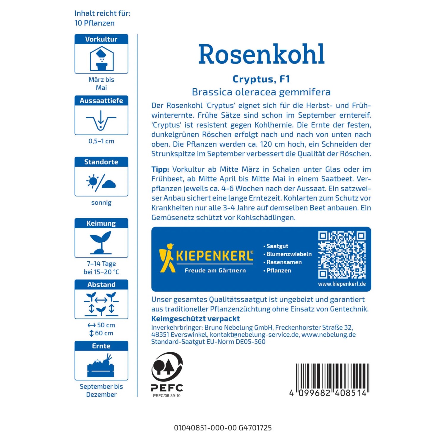 Kiepenkerl Rosenkohl Cryptus F1 Saatgut Packung mit Pflanzanleitung. Gemüsesamen für robuste, früh erntereife Röschen.