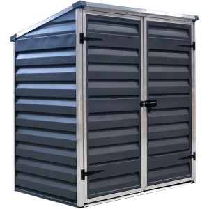 Palram Voyager Geräte- und Mülltonnenbox in Schwarz mit Doppeltür und Aluminiumrahmen.