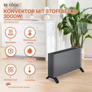 Be Cool Konvektor BCHarold26, 2000 W, anthrazitgrau mit Stoffbezug, im Wohnzimmer. Elektrisches Heizgerät.