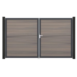 GroJa Solid Steckzaun Tor, DIN Rechts, Bi-Color Sand, 2-flügelig. Sichtschutzzaun Tor mit Alu-Rahmen.