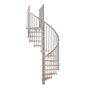Graue Minka Spindeltreppe Spiral Wood Buche, Durchmesser 120 cm, für Geschosshöhen bis 305,5 cm.