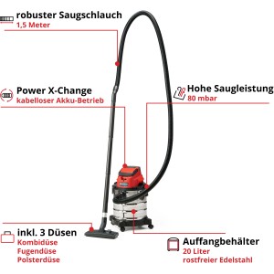 Einhell Akku-Nass-Trockensauger TC-VC 18/20 Li Solo: Nasssauger mit Edelstahlbehälter und Zubehör.