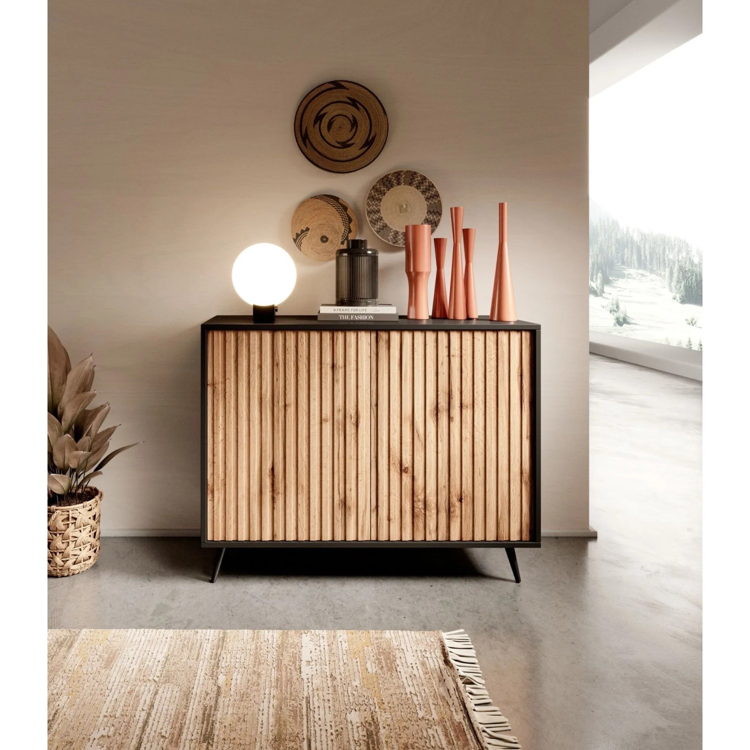 Selsey Sideboard Bello mit Lamellenfronten 104 cm Schwarz/Wotan Eiche_2