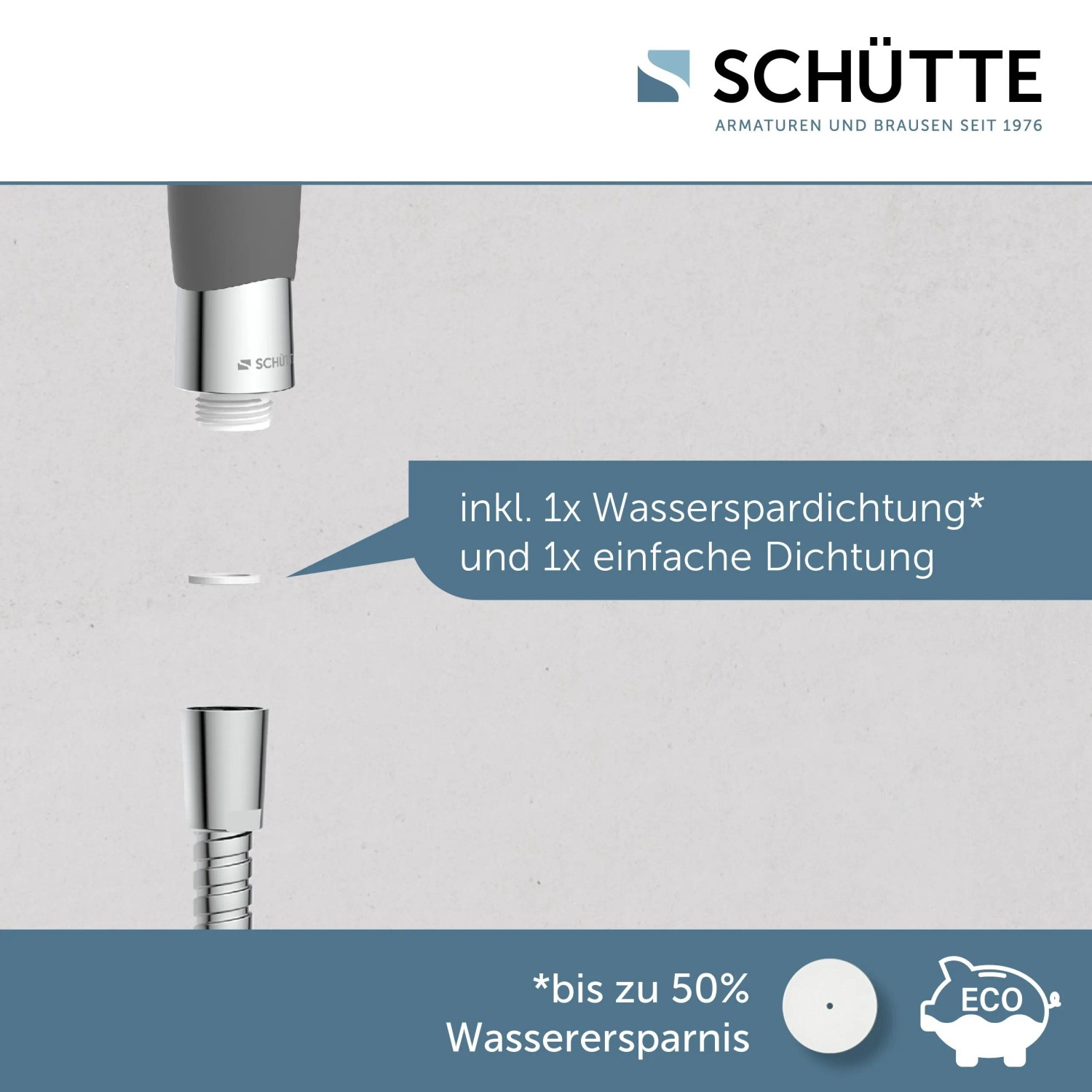 Schütte Handbrause Vital Chrom: Detailaufnahme mit Dichtungen für Wasserersparnis.