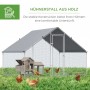 PawHut Hühnerstall, silber-grau. Geräumiges Freilaufgehege aus Stahl mit Maschendraht, Holzhäuschen und Hühnern auf Gras.