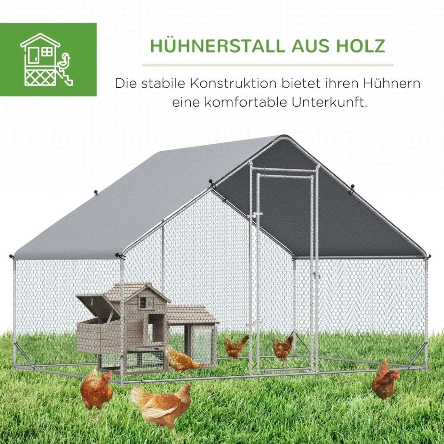 PawHut Hühnerstall, silber-grau. Geräumiges Freilaufgehege aus Stahl mit Maschendraht, Holzhäuschen und Hühnern auf Gras.