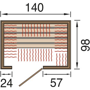 Grundriss der Weka Infrarotkabine Ranua 2 mit wekaTherm-Flächenstrahler und Maßangaben.