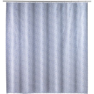 Wenko Duschvorhang Sevilla blau-weiß, 180x200 cm, mit blauem Tropfenmuster.