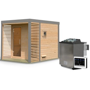 Karibu Saunahaus "Seros 2" mit Ofen 9 kW Bio Extern Naturbelassen/Graualuminium