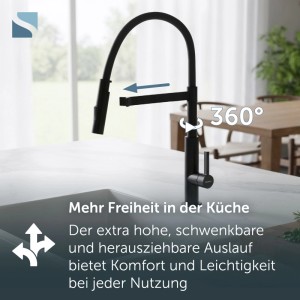 Schwarze SCHÜTTE Spültischarmatur MIAMI mit flexiblem, 360° schwenkbarem Auslauf und herausziehbarer Geschirrbrause.