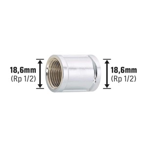 Verchromte Messing Gewindemuffe 18,6 mm (Rp 1/2) für sichere Rohrverbindungen.