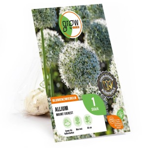 Verpackung des weißen Zierlauch 'Mount Everest' von GROW by OBI, Blumenzwiebeln im Beutel.