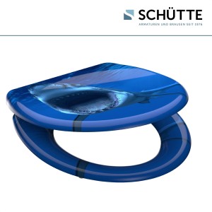 Schütte WC-Sitz Shark mit Absenkautomatik, Duroplast, blau mit Hai-Motiv.
