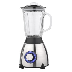 Silva Homeline Standmixer SM 5050, Edelstahl-Schwarz, mit Glasbehälter und blauem Drehregler.