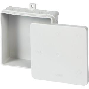 Grauer Abzweigkasten Aufputz, 100x100mm, IP54, mit offenem Deckel für Elektroinstallationen.