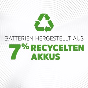 Energizer Akku Power Plus: Hinweis auf 7% recycelte Akkus und Recycling-Symbol.