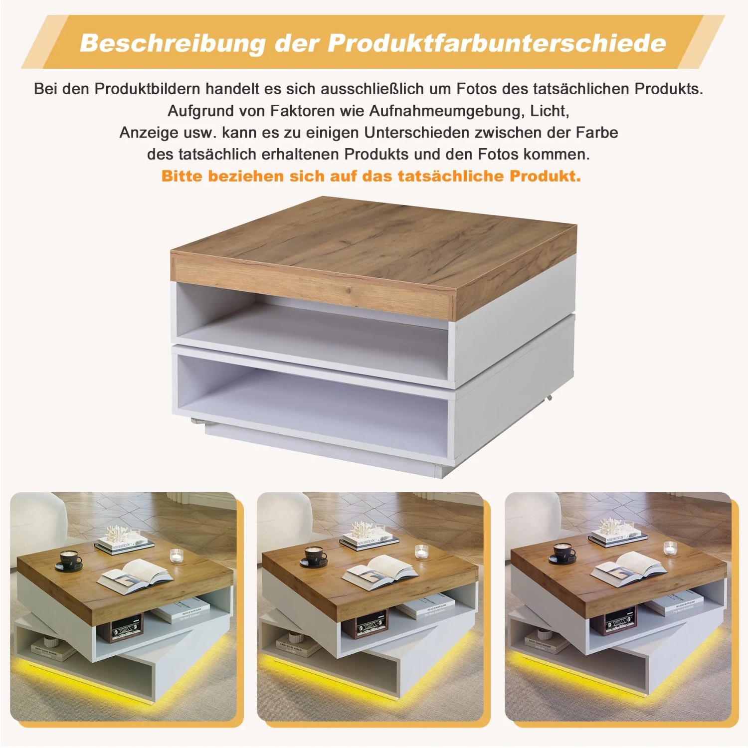 okwish Couchtisch mit LED Schubladen Drehbar 65x65x40cm Hochglanz Weiß_7