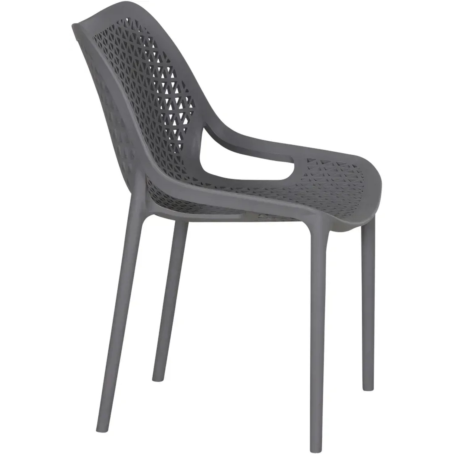 Grauer Siena Garden District Stapelsessel mit Armlehnen und durchbrochenem Design.