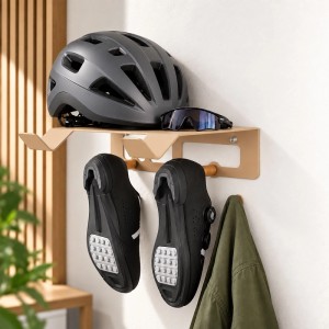 Relaxdays Fahrradwandhalterung Stahl Holz Weiß 3-In-1 mit Ablage und Haken 9,5 cm x 35 cm x 30,5 cm 2 kg