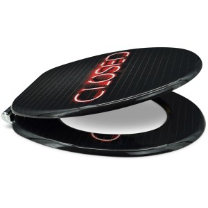 Sanfino WC-Sitz Open-Closed mit Absenkautomatik, Holz, schwarzes Backstein Design mit Neonlicht Schriftzug