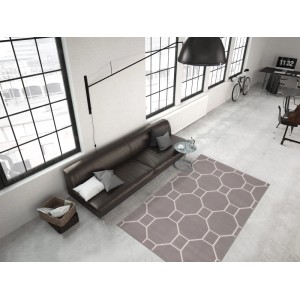 Moderner, taupe-elfenbeinfarbener Teppich Retro 310 mit geometrischem Muster, 80x300 cm.