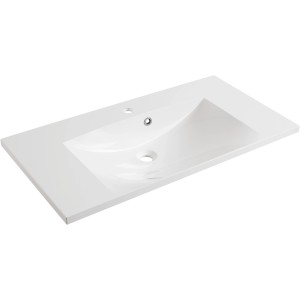 Weißes Fackelmann Waschbecken aus Gussmarmor, Teil des B.clever 90 cm Waschplatz Sets.