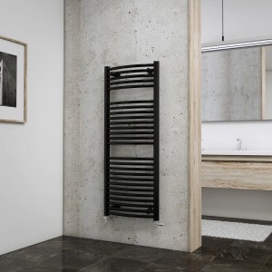 Schulte Design-Heizkörper München, rund, Anthrazit, mit seitlichem Anschluss im Badezimmer.