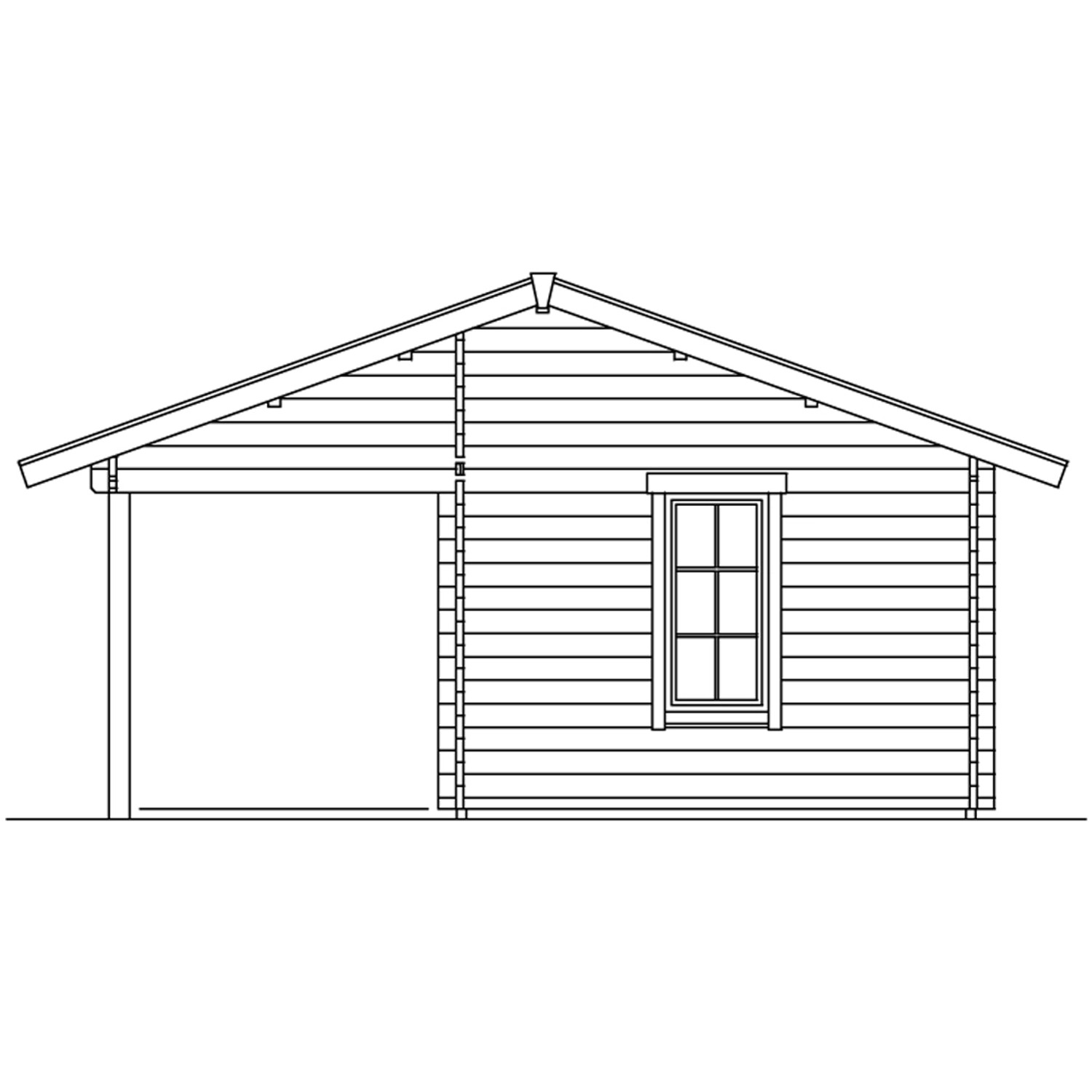 Skizze: Skan Holz Freizeithaus Luzern, 380x300 cm, Natur, mit Anbau und Fenster. Holz-Gartenhaus.