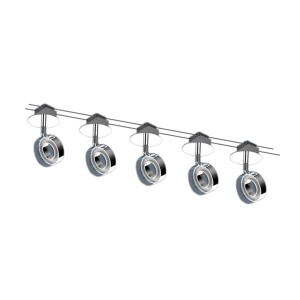 Näve LED-Seilsystem Tony mit fünf runden, verstellbaren Deckenspots in Stahl-Optik.