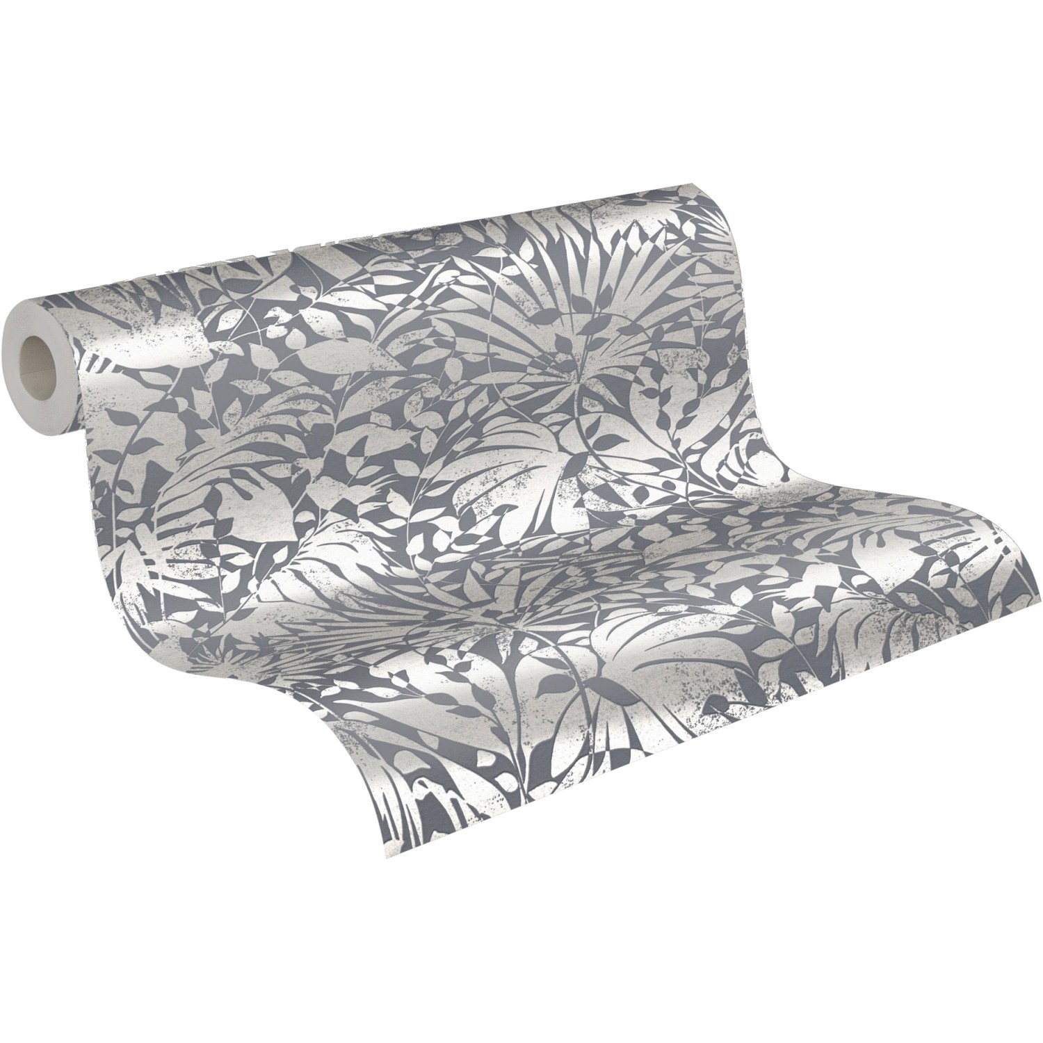 A.S. Création Vliestapete mit Blättern in Grau und Silber.