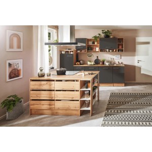 Moderne graue Respekta Inselküche Hilde 280 cm mit Kochfeld und Edelstahl-Dunstabzugshaube.