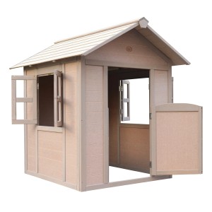 Axi Spielhaus Valley Green Lakeside, hellbraunes Kinderspielhaus mit Fenster und Tür.