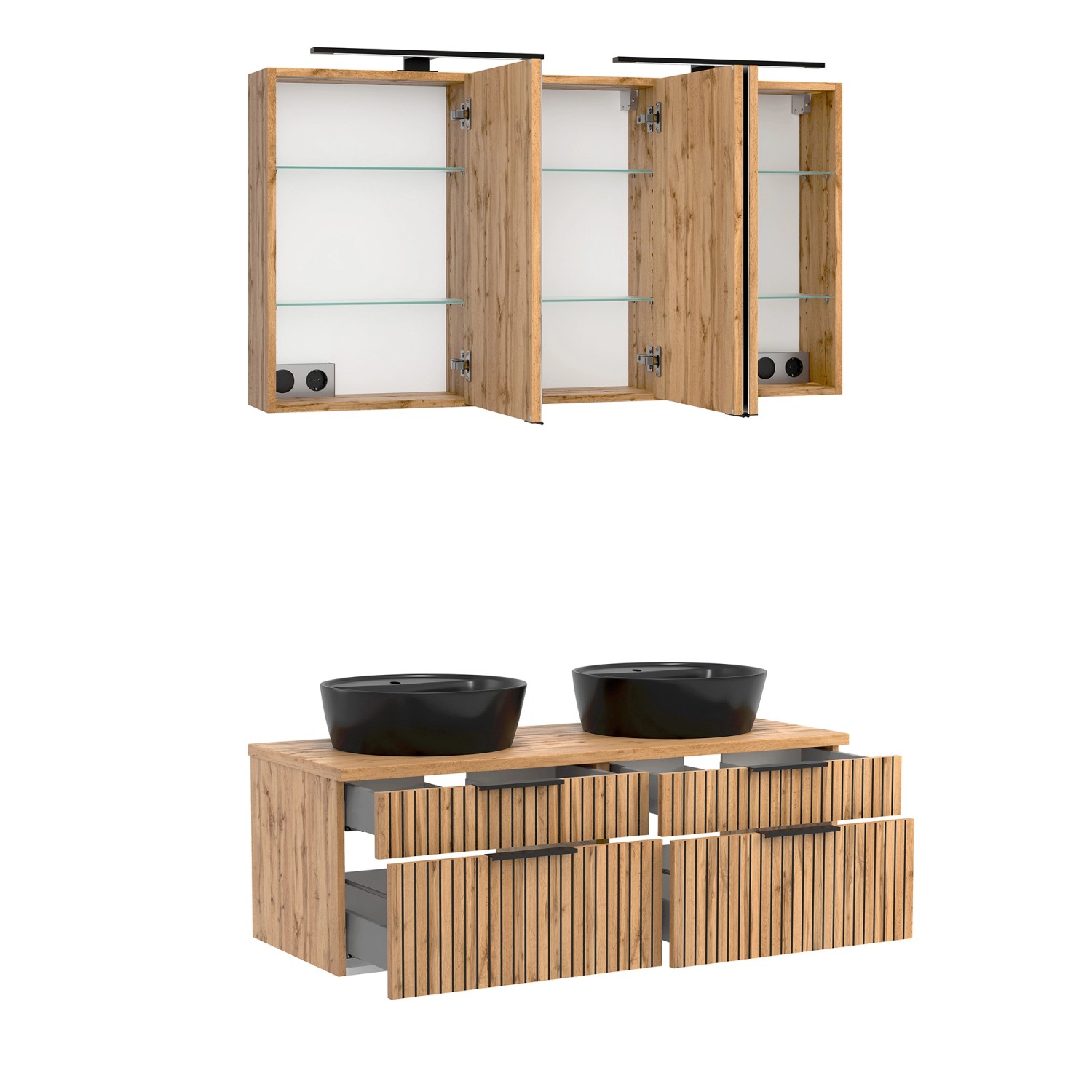 Held Möbel Waschtisch-Set Keramikbecken Schwarz 200 x 120 x 47 cm Eiche 2-tlg._4