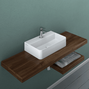 Domberg Handwaschbecken DB2005, 46x30,5 cm, Weiß, Slimline-Design, montiert auf Holzkonsole mit Armatur.