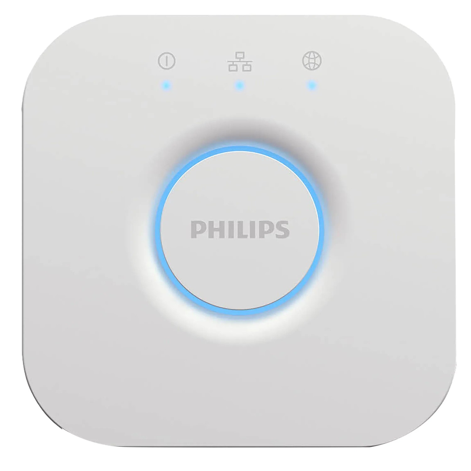 Weiße Philips Hue Bridge zur Steuerung von Hue Leuchten. Smarte Lichtsteuerung für Ihr Zuhause.