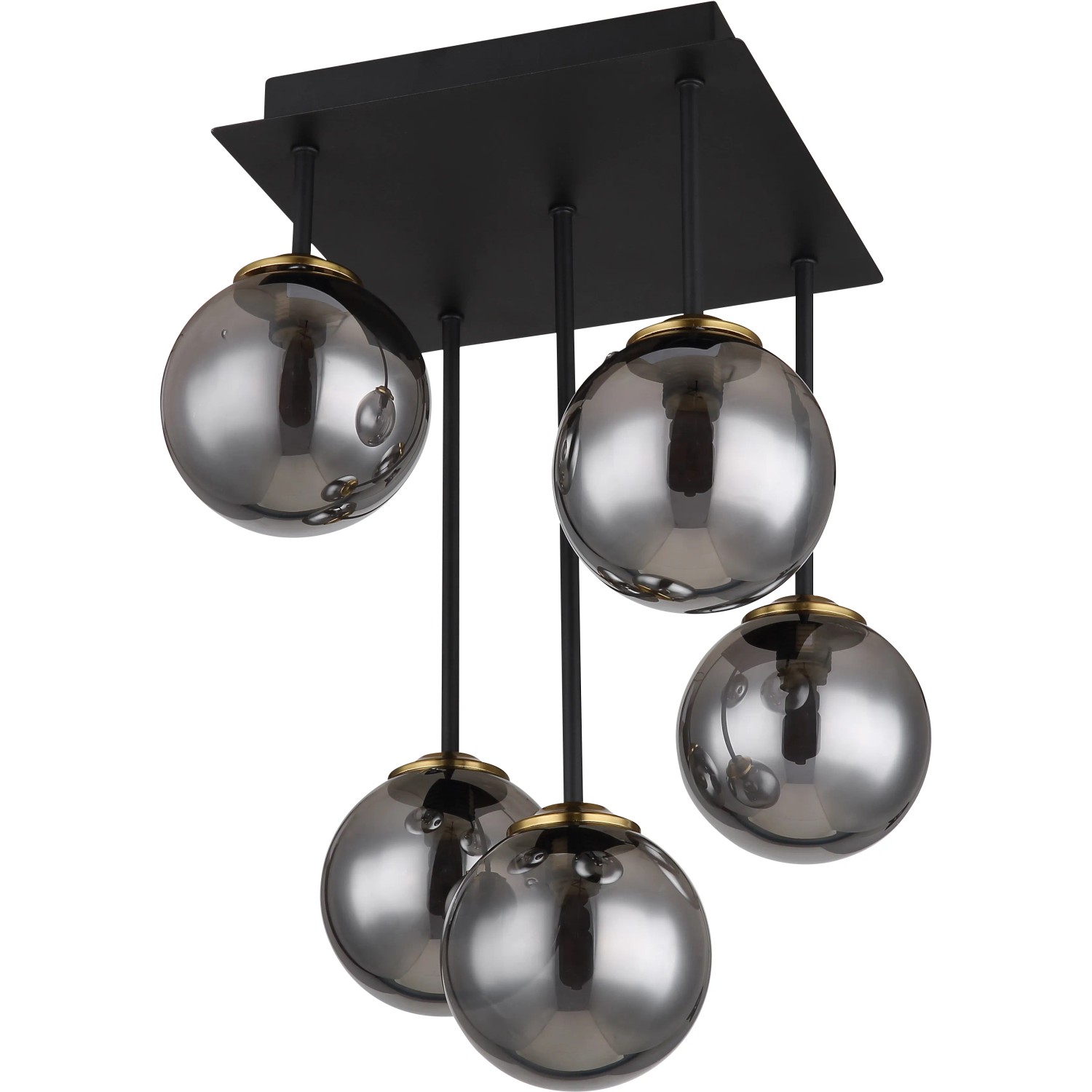 Globo Deckenleuchte Jorge, 5-flammig, schwarz matt mit Rauchglas-Kugeln.