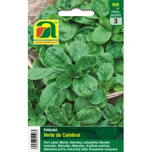Austrosaat Feldsalat Verte de Cambrai Saatgut Packung mit grünen Blättern.
