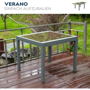 Home Deluxe Gartentisch Verano Madera, Teil der 6-tlg. Gartenmöbel-Set, mit Glasplatte und Aluminiumgestell.