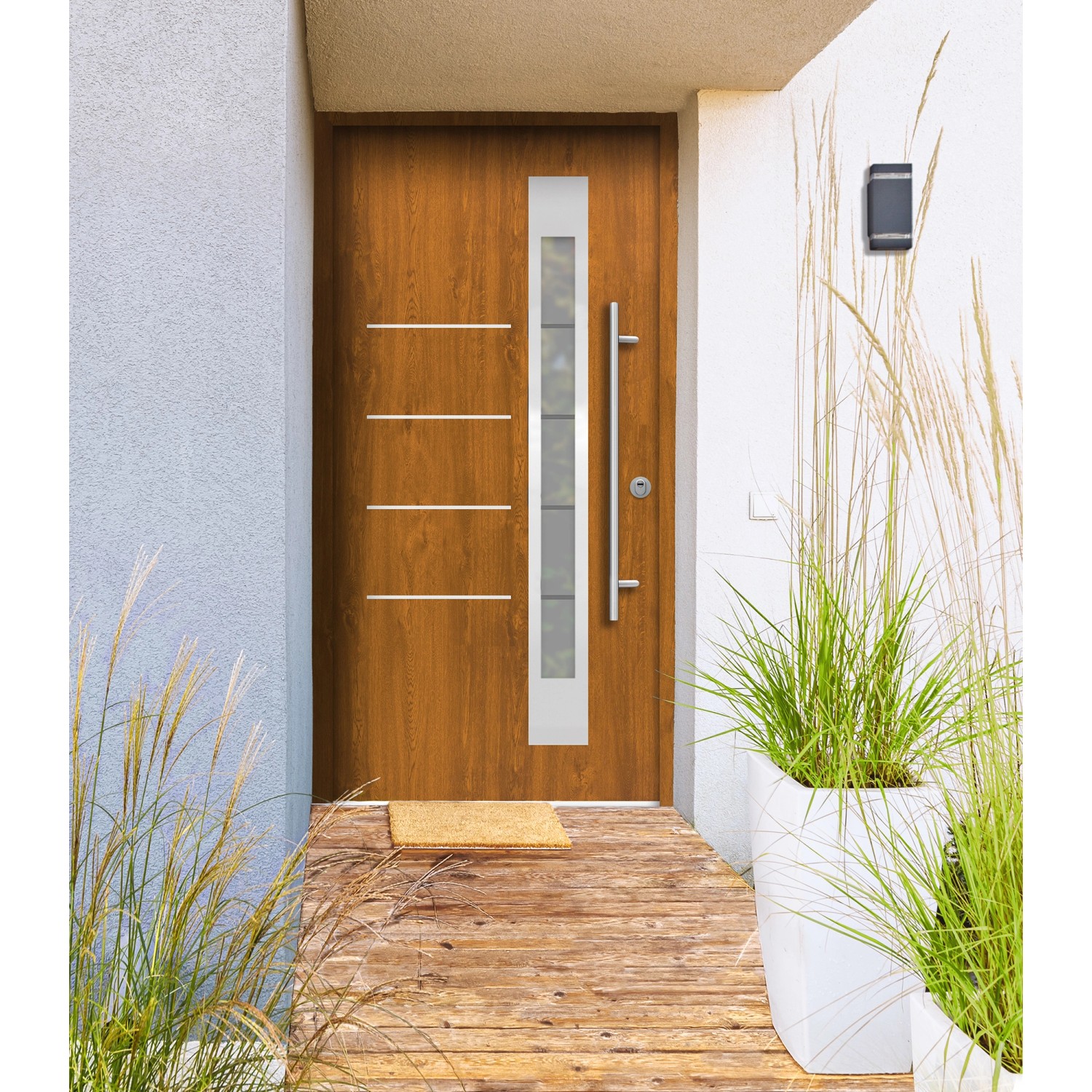 Moderne Splendoor Sicherheits-Haustür Berlin Prime RC2 in Gold.Oak mit Glaseinsatz und Edelstahlgriff.