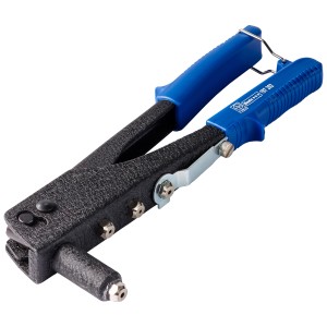 LUX Blindnietenzange mit blauen Griffen und vier Mundstücken. Zange zum Nieten.