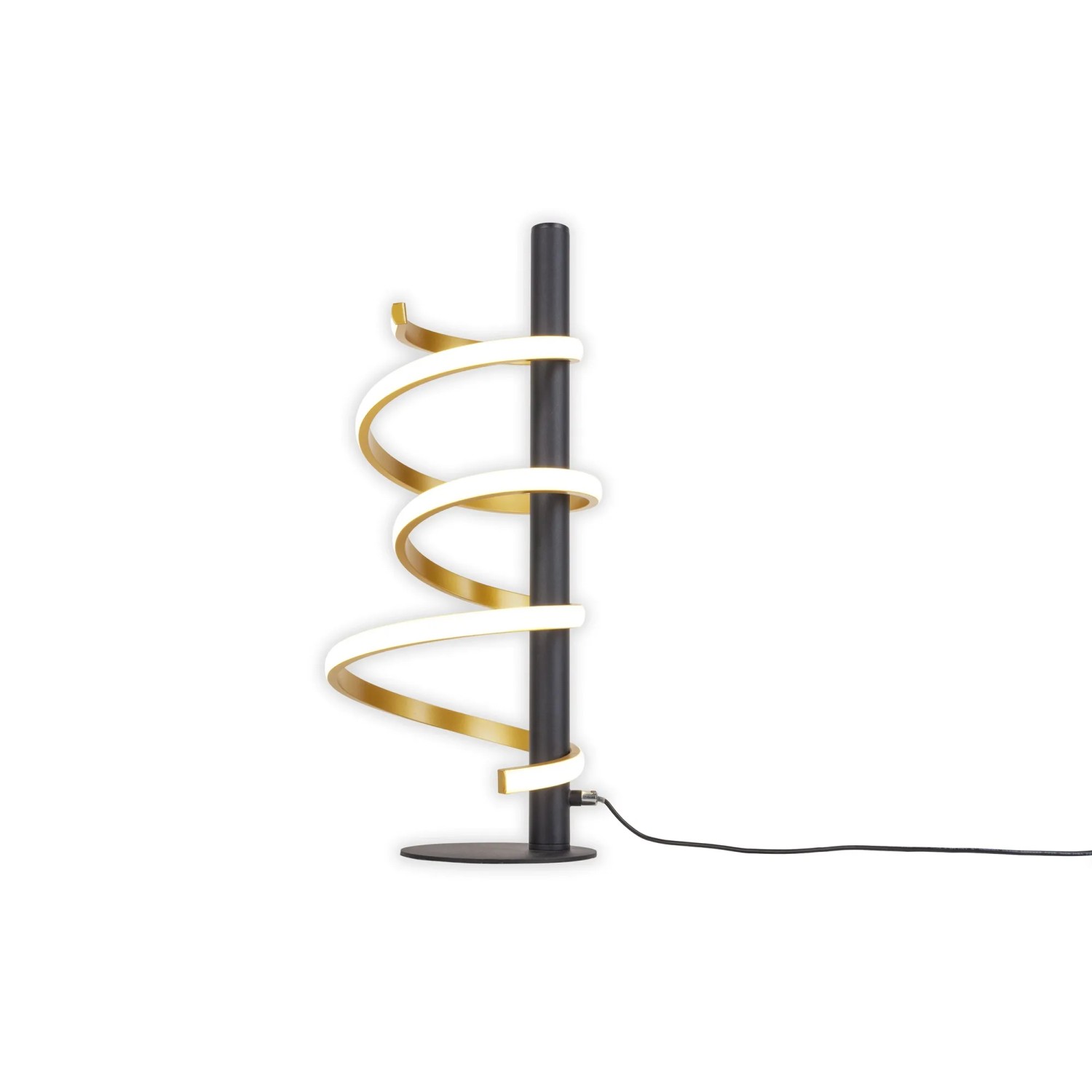 Moderne LED-Tischleuchte Belleza in Gold und Schwarz, spiralförmiges Design, dimmbar.
